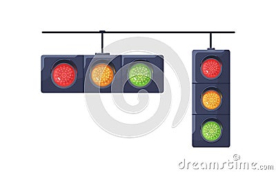 Traffic lights with red, yellow, green color signals. Semaphore lamps. Stoplights system hanging. Road movement Vector Illustration