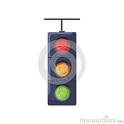 Traffic lights with red, yellow, green signals on. Stoplight with led lamps. Semaphore with stopping, warning and Vector Illustration