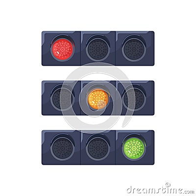 Traffic lights set with changing red, yellow, green signals on led lamps. Horizontal stoplights. Semaphore with signs Vector Illustration