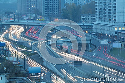 Traffic with motion cars on multilevel highway Editorial Stock Photo