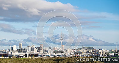 Traffic on Northern motorway with Auckland skyline in background Editorial Stock Photo