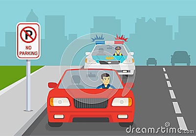 Traffic police car honking to a red car in no parking area with road sign. Vector Illustration