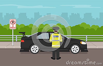 Traffic police officer writing a traffic ticket to a car parked in a no parking area. Vector Illustration