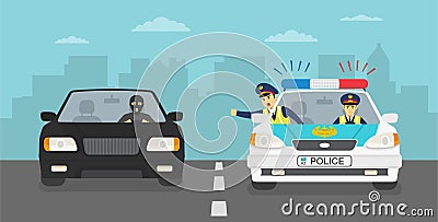 Traffic police officers chasing criminal in a car on the city highway. Yelling angry police. Vector Illustration