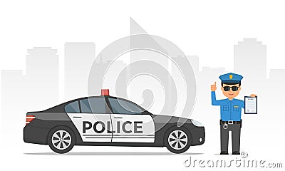Traffic policeman holding clipboard. Cartoon policeman and police car on urban skyscrapers background. Vector Illustration