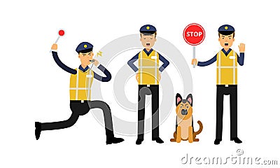 Traffic Policeman Wearing Yellow Vest Blowing a Whistle and Showing Stop Sign Vector Illustration Set Vector Illustration