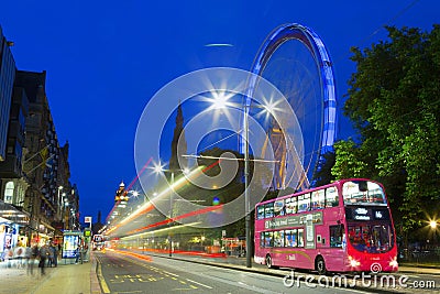 Traffic on Princes Street at night, Edinburgh Editorial Stock Photo