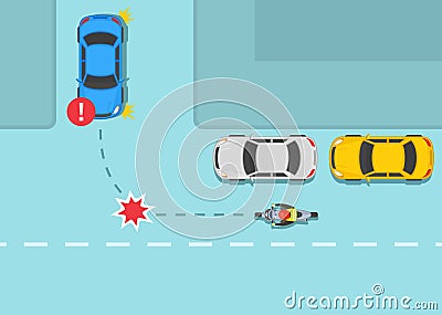 Traffic regulating on three way junction and crossroads. Dangerous left turn in front of hidden motorcycle. Vector Illustration