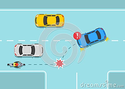 Traffic regulating on three way junction and crossroads. Dangerous left turn in front of motorcycle. Vector Illustration