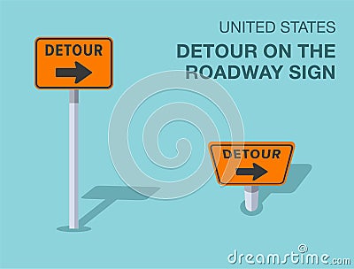 Isolated United States detour on the roadway sign. Front and top view. Vector Illustration