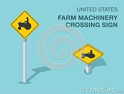 Isolated United States farm machinery crossing sign. Front and top view. Vector Illustration