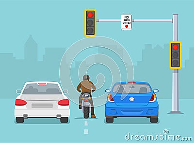 Motorcycle riding between cars. Vehicles stopped at red traffic signal. Back view of city traffic flow. Vector Illustration