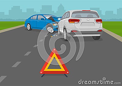 Traffic or road accident on motorway. Crashed cars on the city road. Broken down cars on highway with warning sign. Vector Illustration