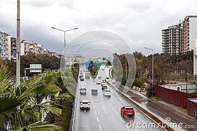 The traffic road in front of Bolge, Bornova in Izmir Turkey. A view from the overpass at the Bolge Metro Station in Izmir. Editorial Stock Photo