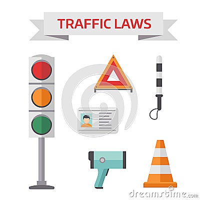 Traffic road police symbols set flat elements isolated vector illustration. Vector Illustration