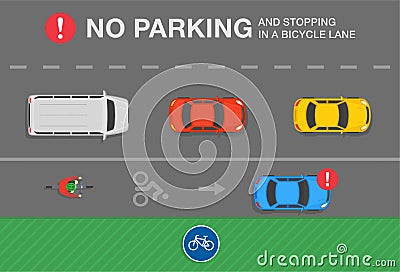 Traffic or road rule. No parking and stopping in a bicycle lane warning design. Vector Illustration