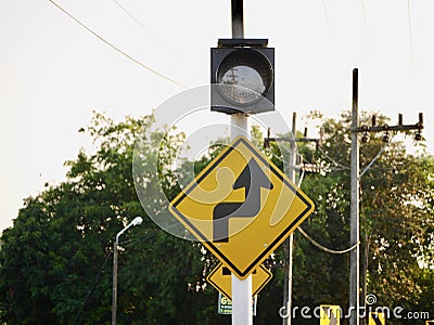 traffic road signs, Caution yellow road signs arrows Stock Photo