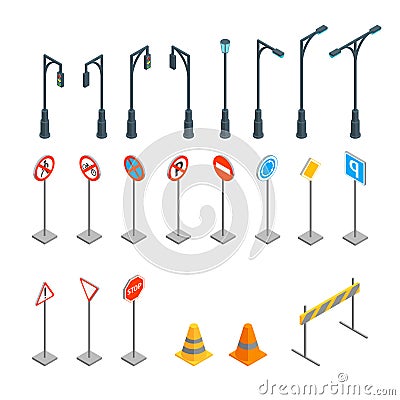 Traffic Road Signs Set Isometric View. Vector Vector Illustration