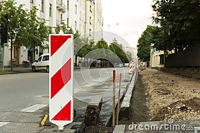 Traffic safety roadwork signs on the city street. Road contruction Stock Photo