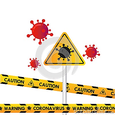 Traffic sign caution covid 19 with police line isolated Stock Photo