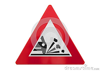 Traffic sign isolated - Ejection of gravel Stock Photo