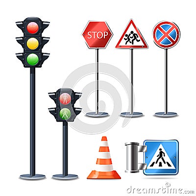 Traffic Sign And Lights Set Vector Illustration
