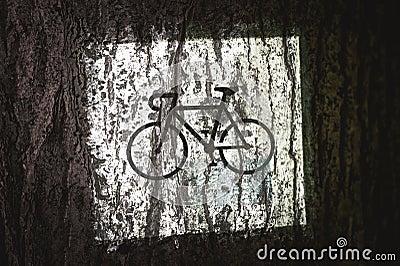 Traffic sign Local Bicycle Route painted on wooden bark, closeup Stock Photo
