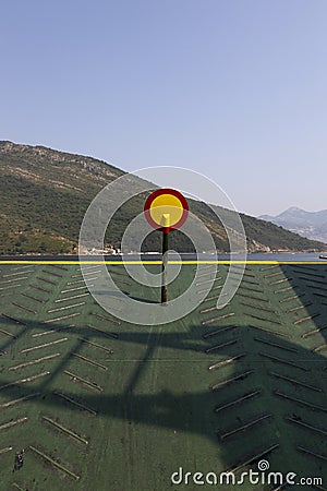 Traffic sign `Movement prohibited` on board a sea ferry. Stock Photo