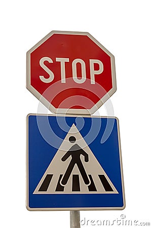 Traffic sign for pedestrian crossing and Stop sign Stock Photo