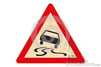 Traffic sign slippery road symbol on rusted and grungy metal board isolated on white background. Cartoon Illustration