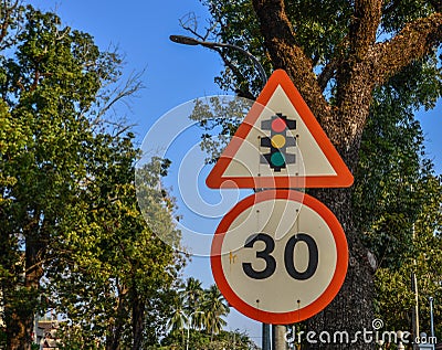 Traffic sign on street at old town Stock Photo