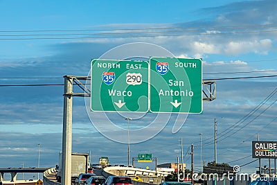 traffic sign waco and san Antonio in Austin with exit only at highway 35, Austin, USA Editorial Stock Photo