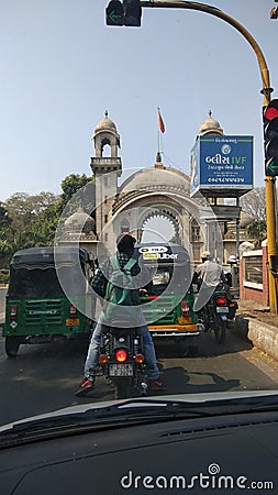 Traffic signal in front of Vadodaras royal city palace in Gujarat Editorial Stock Photo