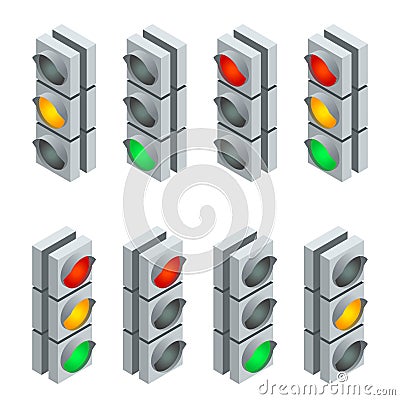 Traffic signal. Traffic light, traffic light sequence. Flat 3d vector isometric illustration. Vector Illustration