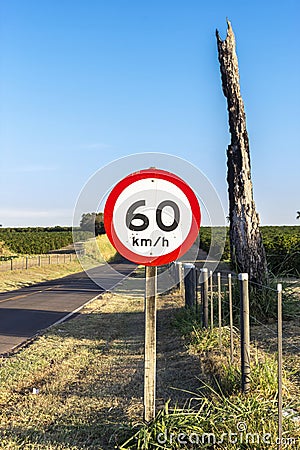 Traffic signpost, which indicates the maximum speed allowed at the location, on a road Stock Photo