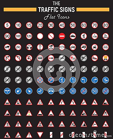 Traffic signs flat icon set, Road symbols Vector Illustration