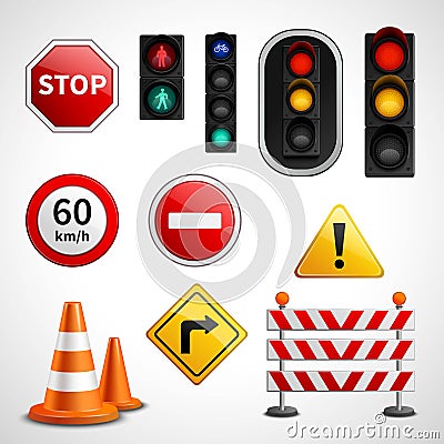 Traffic signs and lights pictograms collection Vector Illustration