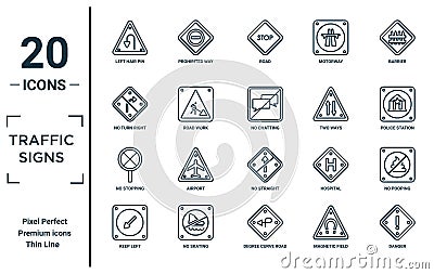 traffic.signs linear icon set. includes thin line left hair pin, no turn right, no stopping, keep left, danger, no chatting, Vector Illustration