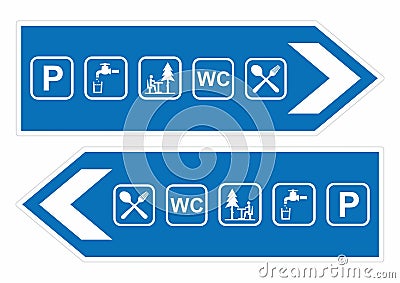 traffic signs, set, direction left, right, WC, rest area, drinking water, parking lot, restaurant, vector Vector Illustration