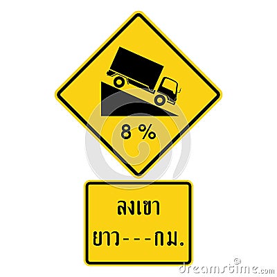 Traffic Signs,Warning Signs, Steep descent for next kilometres Thai language Cartoon Illustration