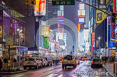 Traffic in Times Square, Manhattan New York. Features Broadway Avenue and Theaters, Animated Led Screens and Billboards Editorial Stock Photo