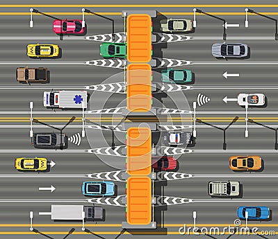 Traffic Toll Gate Top View. Highway Toll. Vector Illustration