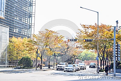 Traffic and trafficlight in Seoul, South Korea during the autumn Editorial Stock Photo