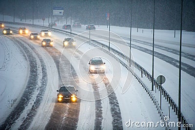 Traffic in Vilnius during winter snowstorm Editorial Stock Photo