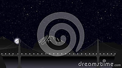 Traffico di automobile sul ponte alla notte sui precedenti di un paesaggio montagnoso, di chiari cieli con le stelle e della luna illustrazione di stock Traffico di automobile sul ponte alla notte sui precedenti di un paesaggio montagnoso, di chiari cieli con le stelle e della luna illustrazione di stock