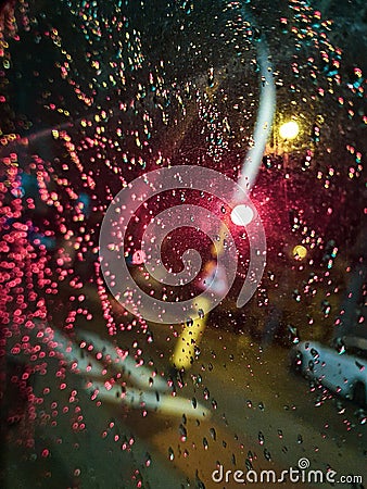 Trafic light on rainy night Stock Photo