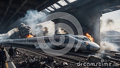 tragedy strikes: a somber scene of a japanese bullet train under terrorist attack keywords: ai generated Stock Photo