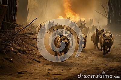 Tragic scene of wildlife fleeing from a raging wildfire. Generative AI Stock Photo