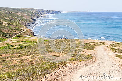 Trail, Cliffs, beach, mountains and vegetation in Canal beach Stock Photo