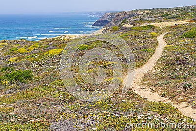 Trail, Cliffs, beach and waves in Arrifana Stock Photo